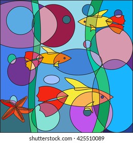 Beautiful multicolored Doodle fish on abstract sea background, in the form of a colorful mosaic