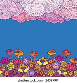 Beautiful multicolored flowers under curly clouds