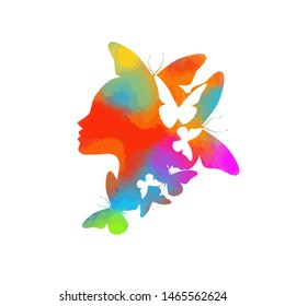 Beautiful multicolored girl's profile silhouette with butterflies flying from her hair isolated on white background - vector illustration