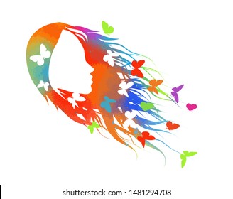 Beautiful multicolored girl's profile silhouette with butterflies flying from her hair isolated on white background - vector illustration