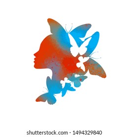 Beautiful multicolored girl's profile silhouette with butterflies flying from her hair isolated on white background - vector illustration