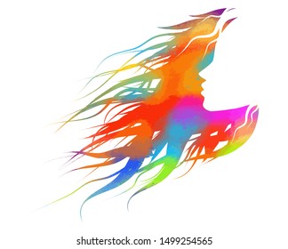 Beautiful multicolored girl's profile silhouette with her hair - vector illustration