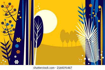 Beautiful multicolored motley magical forest background in trendy colors.