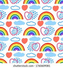 Beautiful multi-colored rainbow, hearts and clouds isolated on a white background. Childish cute cartoon seamless pattern. Hand drawn vector flat graphic illustration. Texture.