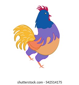 beautiful multi-colored rooster with red crest and red beak.