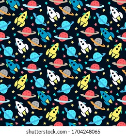 Beautiful multi-colored space rockets, planets and stars isolated on a dark blue background. Cute childish seamless pattern. Hand drawn vector graphic illustration. Texture.