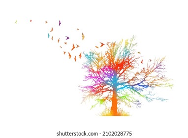 A beautiful multicolored tree with birds . Vector illustration