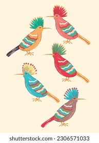 Beautiful multi-colored trendy birds in a folk ornament. Hoopoe. Vector stock illustration. Feathered set. Isolated