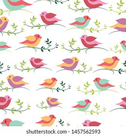 Beautiful multicolored vector birds with leaf stem seamless pattern background