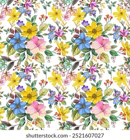 Beautiful multicolored yellow, pink, blue, purple wildflowers. Hand drawn. Seamless. On romantic colored line background. Designed for fabric, fashion, textile, wallpaper, gift wrap.