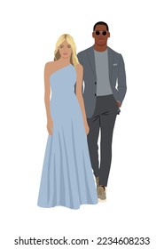 Hermosa pareja multirracial con ropa de fiesta por la noche para celebración, boda, Nochebuena o fiesta de Año Nuevo. Feliz hombre negro y mujer rubia con ropa de lujo. Ilustración vectorial aislada.