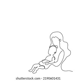 Beautiful mum hugging a first born in her arm.A child sitting on mother's lap in single line drawing style.Vector isolate flat continue line design concept  of family or Happy Mother’s Day celebration