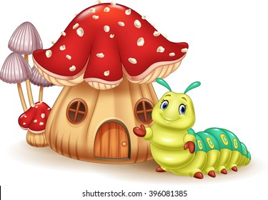 Beautiful mushroom house and cute caterpillar