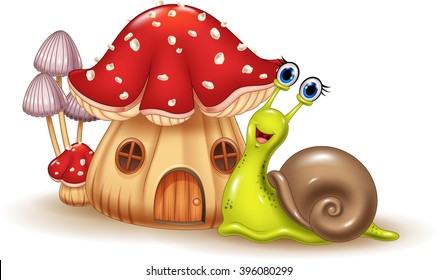 Beautiful mushroom house and happy snail cartoon