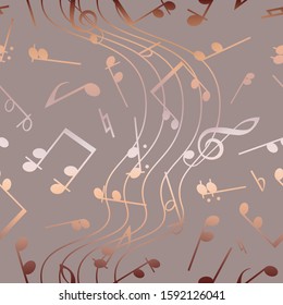 Beautiful music backdrop. Seamless pattern. Elegant design musical notes. Delicate pattern. Background golden glitter marble. Musical notes. Stylish texture for design prints, wallpapers, gift wrappin