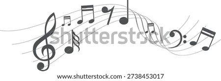 Beautiful musical notes flowing with clef and staff creating elegant melody artistic sound wave abstract design.Music notes, musical design element, isolated on white background, vector illustration.