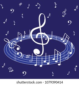 beautiful musical notes in white on a blue background. In the center of the pattern, white violin keys. Can be used for fabrics, billboards and paper.