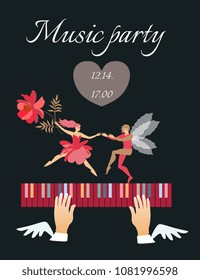 Beautiful musical poster with winged hands fluttering over multicolor piano keys, funny dancing fairy ballerina and elf and red cosmos flower isolated on black background in vector.