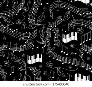 Beautiful musical vector seamless pattern with notes and piano keyboard