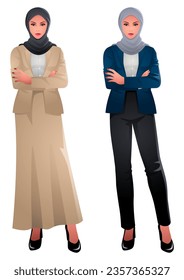 Beautiful muslim businesswoman in elegant hijab fashion in two sets of styles, celebrating cultural richness and professionalism. Representation of diversity, and the beauty of individual expression