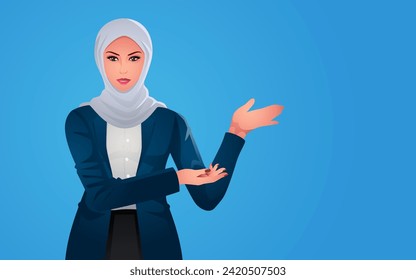 Beautiful Muslim businesswoman in elegant hijab fashion presenting a product with a two handed gesture