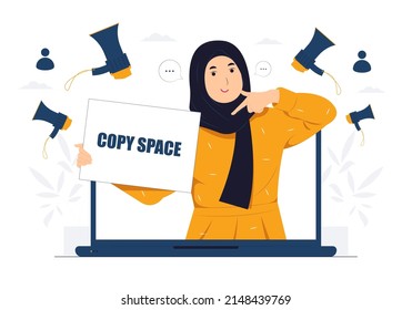 Beautiful Muslim businesswoman with laptop pointing fingers upper left and right corner with happy expression advices use this copy space wisely concept illustration