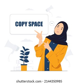 Beautiful Muslim businesswoman with suit showing and pointing fingers upper left and right corner with happy expression advices use this copy space wisely concept illustration