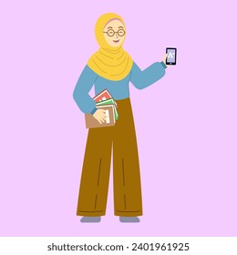 Beautiful muslim college girl holding book and phone in happy face. Vector character in flat style.