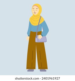 Beautiful muslim college girl holding the sling bag in happy face. Vector character in flat style.