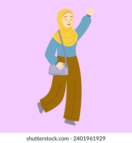 Beautiful muslim college girl holding the sling bag in happy face. Vector character in flat style.