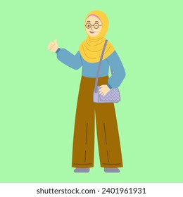 Beautiful muslim college girl holding the sling bag in happy face. Vector character in flat style.