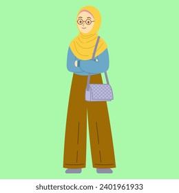 Beautiful muslim college girl holding the sling bag in happy face. Vector character in flat style.