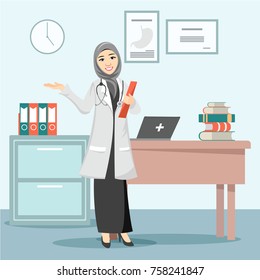 Beautiful muslim female doctor  in her room vector illustration