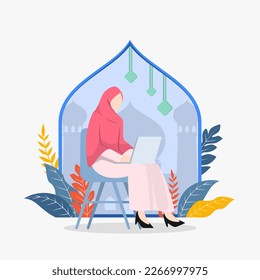 beautiful muslim girl cartoon flat illustration