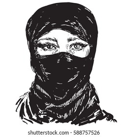 The beautiful Muslim girl crying, face hidden in a black headscarf (hijab), black and white isolated hand drawn vector illustration in ink drawing pop art style