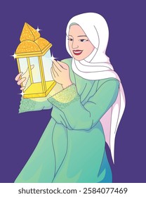 Beautiful Muslim girl in elegant Islamic dress and hijab holding a glowing lantern, symbolizing Ramadan.