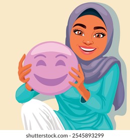 Beautiful Muslim girl with a happy emotion in her hands. Positive psychology. Beauty and health.