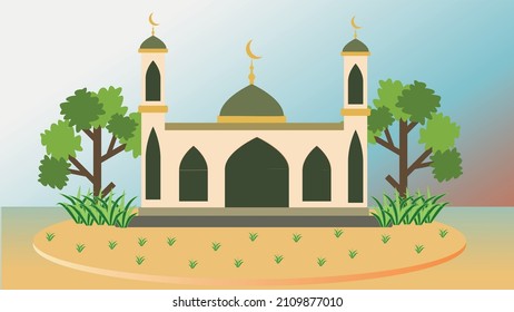 Beautiful Muslim mosque isolated flat facade object. Vector cartoon design. illustration.