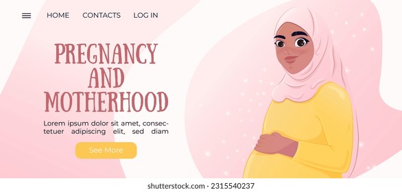 beautiful muslim pregnant woman landing page.girl hold pregnant belly