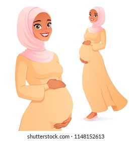 Beautiful Muslim smiling pregnant woman in hijab. Full length cartoon style vector illustration isolated on white background.