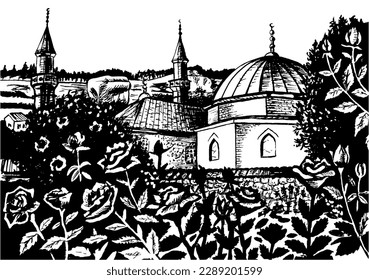 A beautiful Muslim white mosque in roses. Crimea. City of Bakhchisarai. Classic black and white illustration.