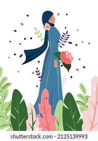 Beautiful muslim woman with a big pink flower standing gorgeous in the nature. Woman wearing hijab. International Women's Day. For cards, banners, advertisements, flyers. Vector illustration