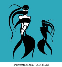 Beautiful muslim woman in black Hijab. Silhouette. Hand drawn vector illustration.