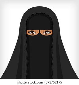 Beautiful Muslim Woman In Black Niqab - Vector Illustration. Eps 8
