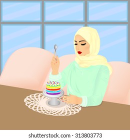 Beautiful muslim woman eating rainbow cake in restaurant. Vector illustration