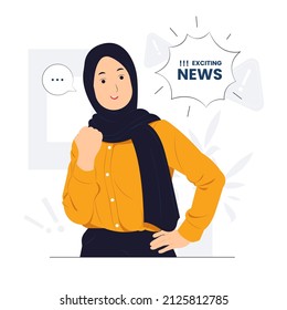 Beautiful muslim woman excited for big news concept illustration