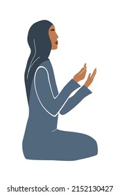 Beautiful muslim woman in hijab pray. Eid mubarak. Flat vector isolated illustration. 