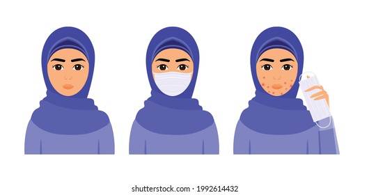 Beautiful Muslim Woman in Hijab Wearing Medical Mask. Isolated Portrait of an Arab Girl. Skin Problems, Acne on the Face.Health and Safety.Illustration for Medicine design.Flat cartoon style.Vector.