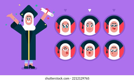 Beautiful muslim woman with hijab wearing graduation cap and ceremony robe holding degree feeling proud, celebrating victory and success excited with raised arms, Flat Young woman in different emotion