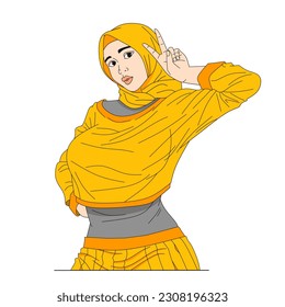 Beautiful Muslim woman in a hijab.  White background . woman with beautiful dress style . Avatar of a young Muslim woman. Cartoon color flat style. White background. Vector stock illustration.